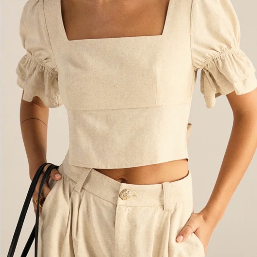 Commense Cotton & Linen Puff-Sleeves Bow-Back Top and Pants Set XS - Picture 4 of 7